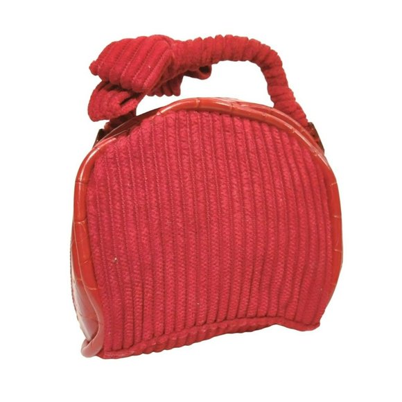Mini Red Corduroy Cotton Full Zip Jewelry Travel Bag Bow on Handle Inside Pocket - Picture 3 of 15
